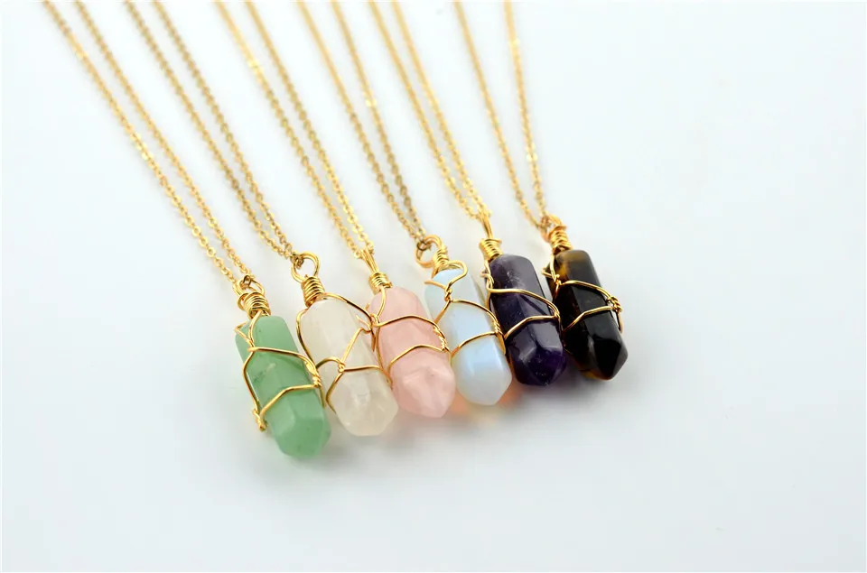 Wholesale Gold &amp Silver Cover Crystal Point Pillar Charm Prism Trendy Natural Stone Pendant for Necklaces Jewelry Making 24PCS |