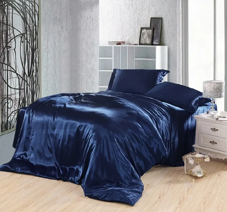 

Dark Blue Bedding set Silk Satin California King size queen fitted bed sheets quilt duvet cover double bedspread doona 4pcs 6pcs