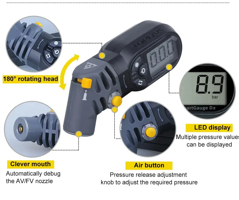 Topeak TSG-02 TSUTG-03 велосипедный цифровой SmartGauge электронные воздуха в шинах Давление манометр велосипед 250/300 фунтов/кв. дюйм ЖК-дисплей вращающейся головкой