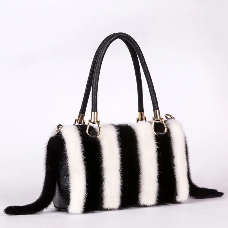 melhor Branco Azul Preto Listrado Pele De Vison Bolsas Femininas Bolsa De Couro Mochila Listras Vermelhas