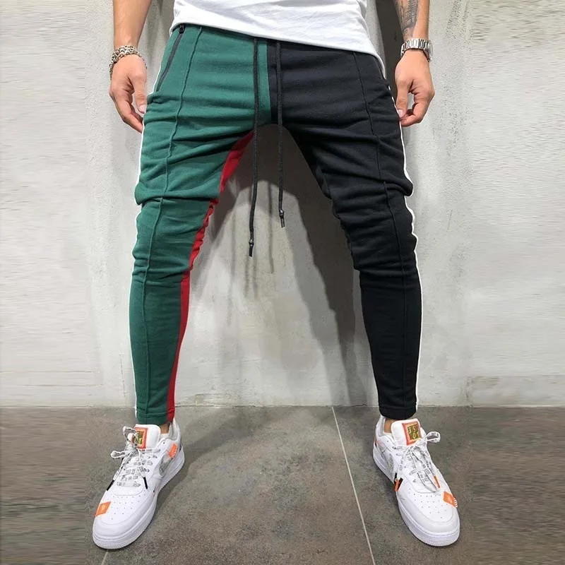 Цвет Блока Карманы Drawstring Slim Fit спортивные брюки для мужчин