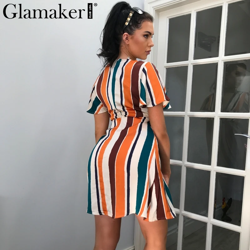 Женское мини-платье в радужную полоску с v-образным вырезом Glamaker вечернее платье
