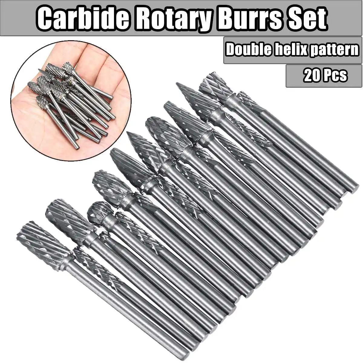 20Pcs Carbide Rotary Rasp Burrs Drill Bit Tungsten Steel Double Cut Files Grinder Shank Electric Grinder Replacement Accessories