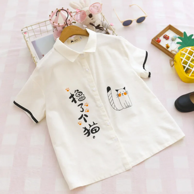 milky shirts Летние японские милые модные льняные рубашки для женщин школьный стиль забавный кот Топы Kawaii печатных на пуговицах короткий рукав блузки для девочек - Цвет: milky shirts
