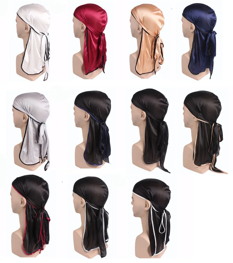 

10pcs/lot Unisex Men Women Satin Breathable Bandana Hat Silky Durag do doo du rag long tail headwrap