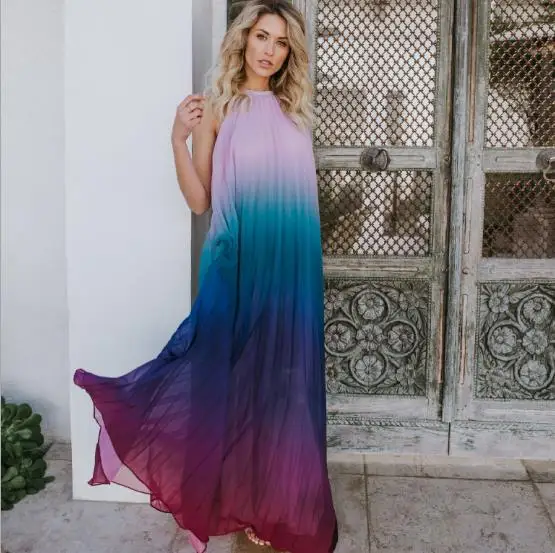 2019 богемное повседневное летнее женское платье с бретелькой на шее длинное