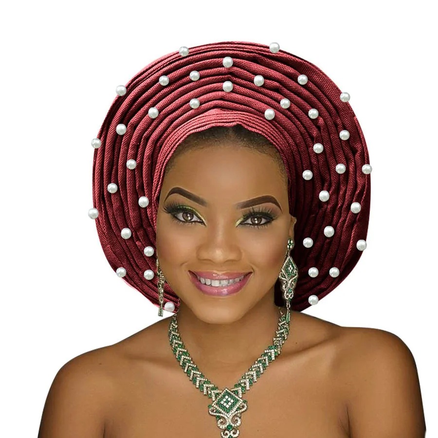 wine Aso oke головной убор с бисером aso oke нигерийский головной убор Африканский Авто геле aso ebi женский тюрбан красивый головной убор для свадьбы - Цвет: wine