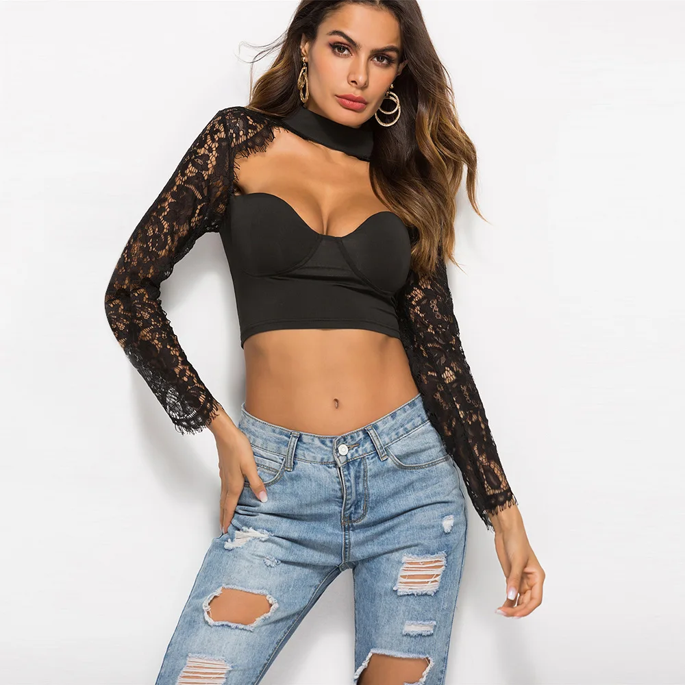 2018 autumn new women's wear sexy slim low-cut long sleeves turtleneck pure color short shirt |