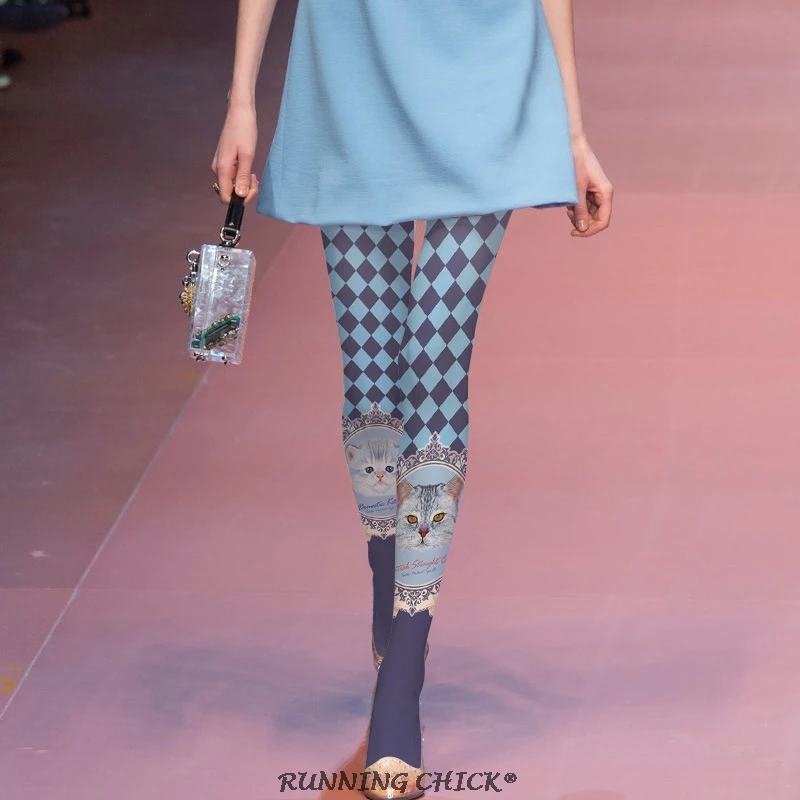 

Мультяшные клетчатые колготки с принтом кота, нейлоновые/нейлоновые носки для взрослых с синим узором, фиолетовый узор, без промежности, для бега, Цыпленок 87 (%)