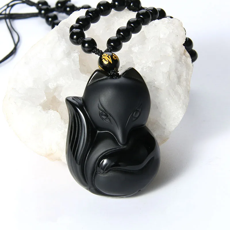 Женское колье ручной работы с подвеской в виде лисы|obsidian pendant|lucky pendantobsidian necklace |