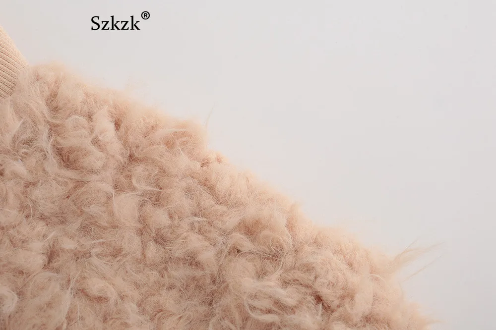 Szkzk короткое пальто из искусственного меха Женская Осенняя зимняя модная уличная одежда на молнии с v-образным вырезом и длинным рукавом теплая мягкая плюшевая куртка женская верхняя одежда