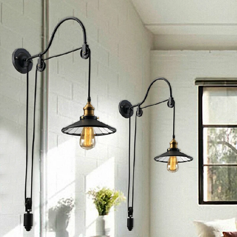 

Retro adjustable pulley length iron glass reading black vintage wall lamps e27 led lights sconce for bathroom bedroom office bar