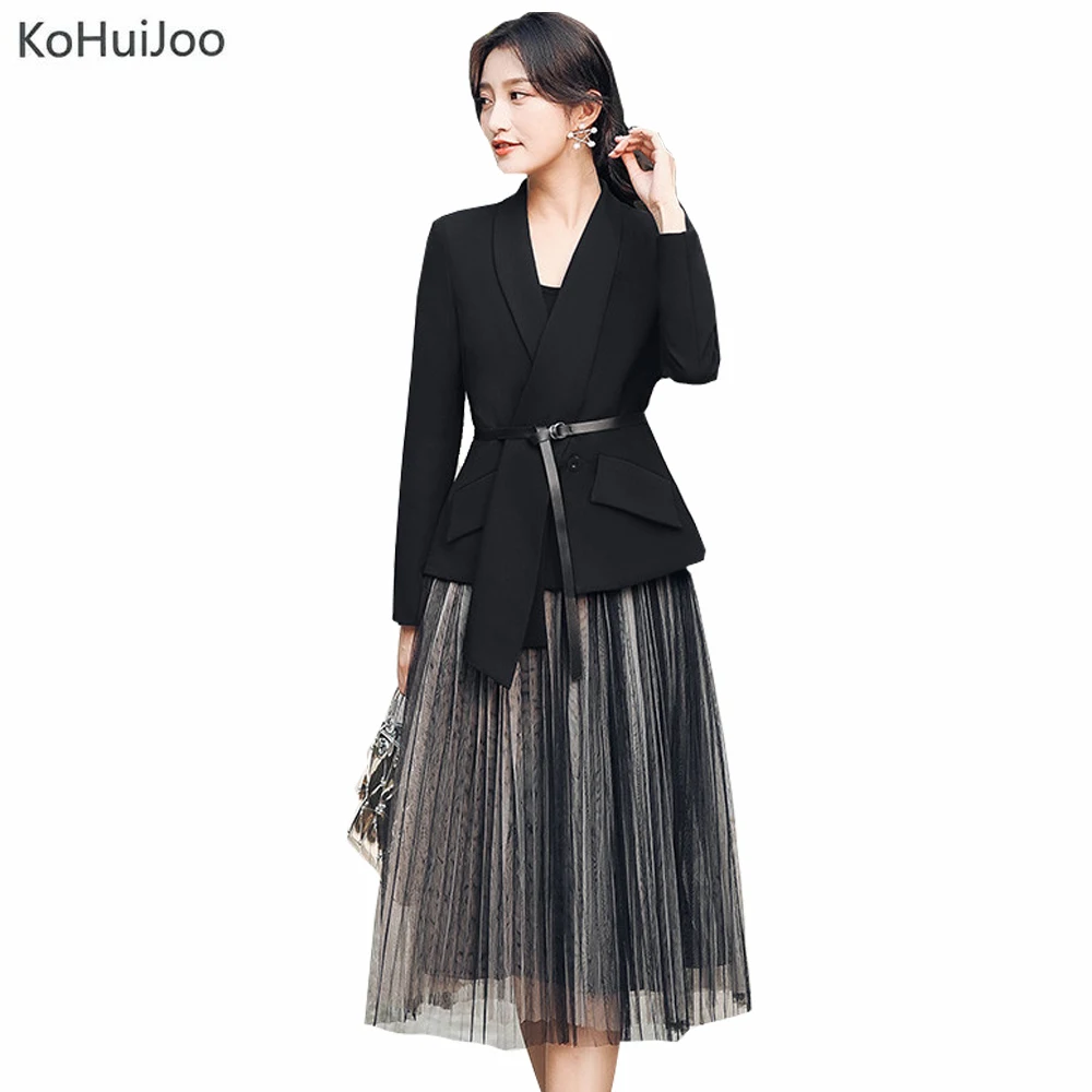 KoHuiJoo, Осенний Женский блейзер, юбка, костюм, женский, элегантный, модный, с поясом, черный блейзер с сеткой, юбка, наборы, 2 предмета, черный