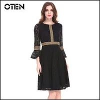 OTEN, Кружевное Платье До Колена, женское, прозрачное, рукав 3/4, круглый вырез, открытая спина, сексуальные, чайные, вечерние, женские, повседневные платья