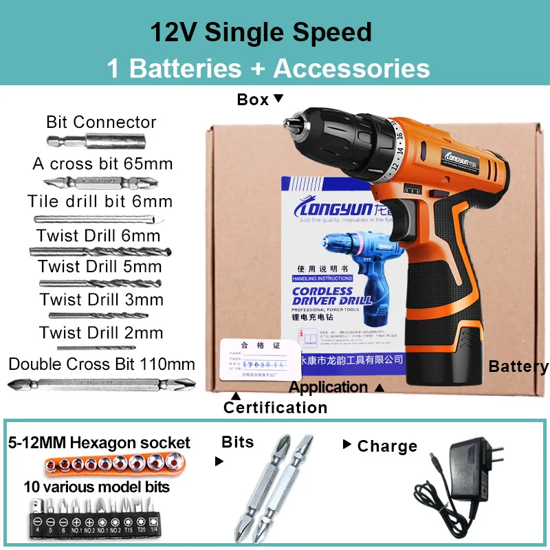 12V Single 1 D-PJ LOMVUM Новые поступления электрическая дрель Водонепроницаемая перезаряжаемая электрическая шуруповерт многофункциональные электроинструменты Мини Беспроводная Дрель PJ - Цвет: 12V Single 1 D-PJ