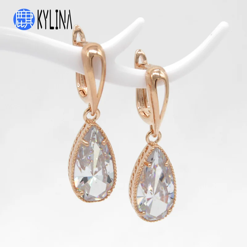 KYLINA Classic 8 Color Water Drop Cubic Zirconia Dangle Earrings 585 Rose Gold Bohemia Eardrop For Women Girl Wedding Jewelry | Украшения и