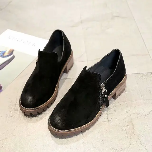 2018 autumn new Korean students round head with heel single shoes side zipper scrub casual | Обувь