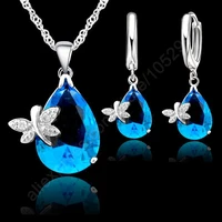 hot jewelry sets pure fine 925 sterling silver austrian crystal butterfly drop cz pendant necklace leverback hoop earrings