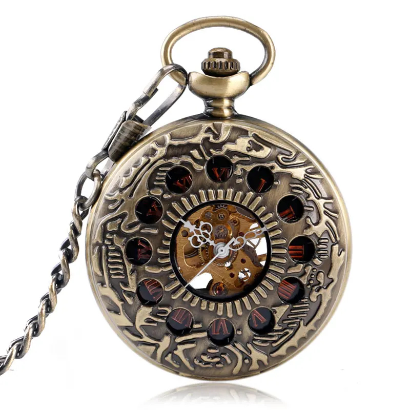Special Bronze Mechanical Pocket Watch Roman Number Half Hunter Fob Watches Hole Watch Men Steampunk Skeleton Relogio De Bolso luxury golden smooth quartz steampunk pocket watch arabic numeral men s fob watches male clock pendant chain relogio de bolso