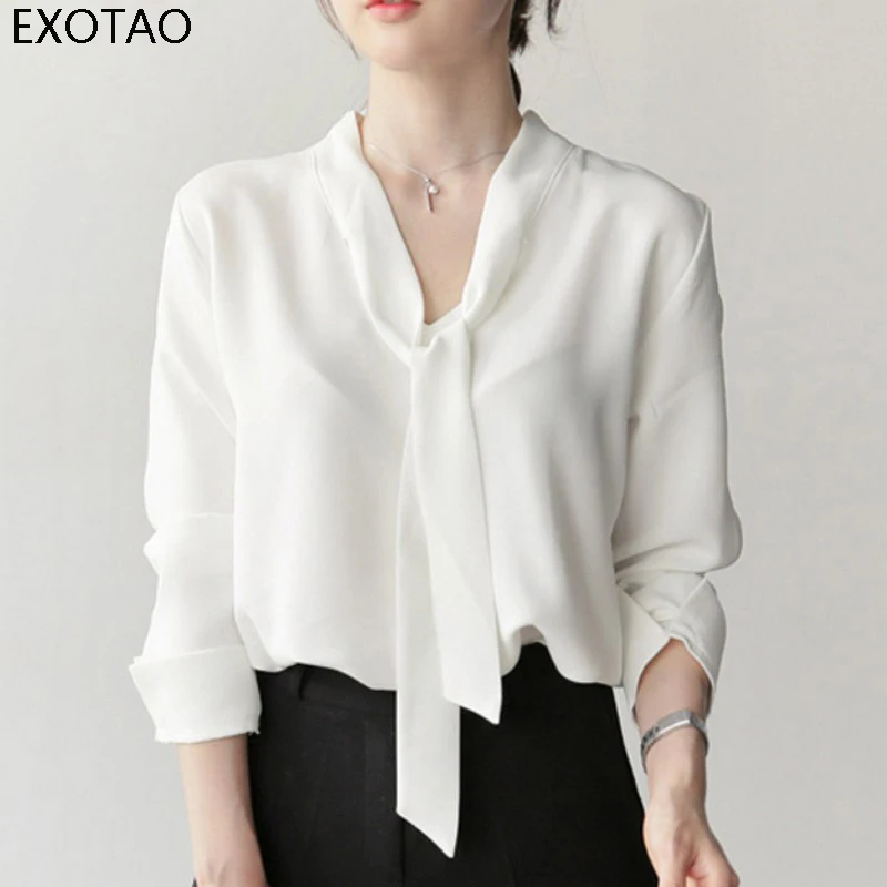 EXOTAO корейский стиль v образный вырез Blusa Feminina летняя белая шифоновая блузка с длинными рукавами Женская Лук OL