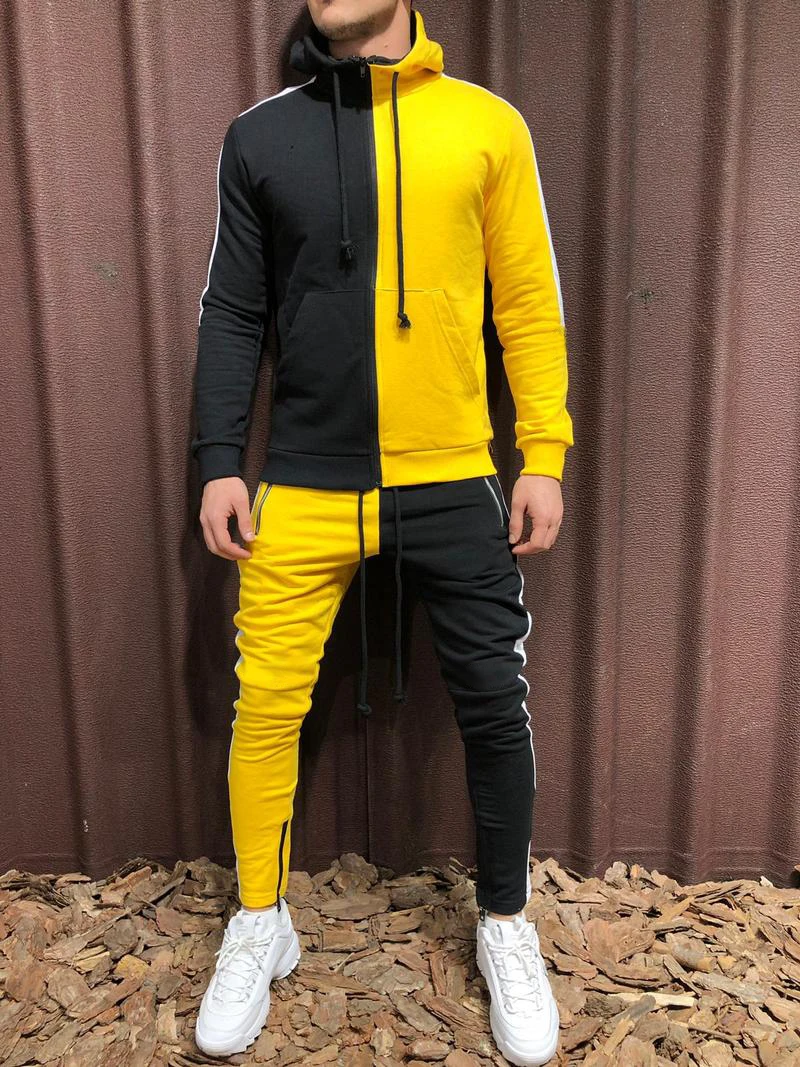 Black yellow WENYUJH, осенний спортивный костюм из 2 предметов, мужская повседневная Лоскутная спортивная одежда, комплект, толстовки, толстовка, тренировочные штаны, мужской спортивный костюм для бега, ropa hombre - Цвет: Black yellow