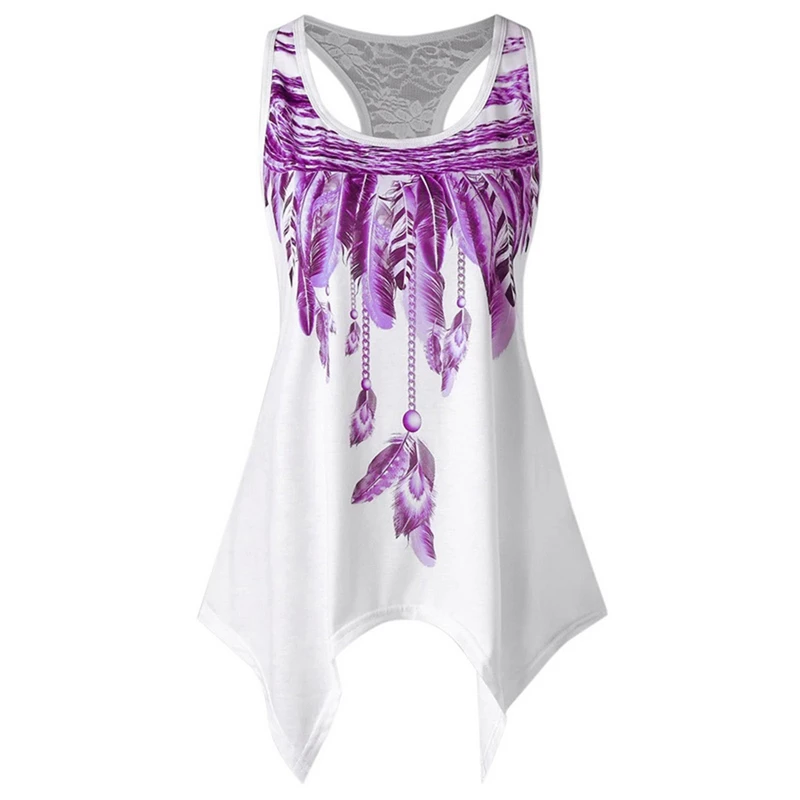 Purple MoneRffi, женская летняя футболка без рукавов размера плюс 5XL, кружевная Лоскутная футболка с принтом перьев, Женская Повседневная Туника - Цвет: Purple