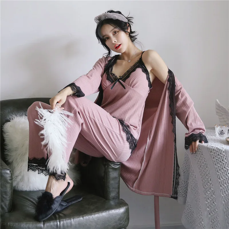 BZEL Autumn Winter Sexy Pajama Sets Long Sleeve Female Sleepwear Cotton Home Wears 3 Piece Suit Underwear V-neck Pyjamas | Женская