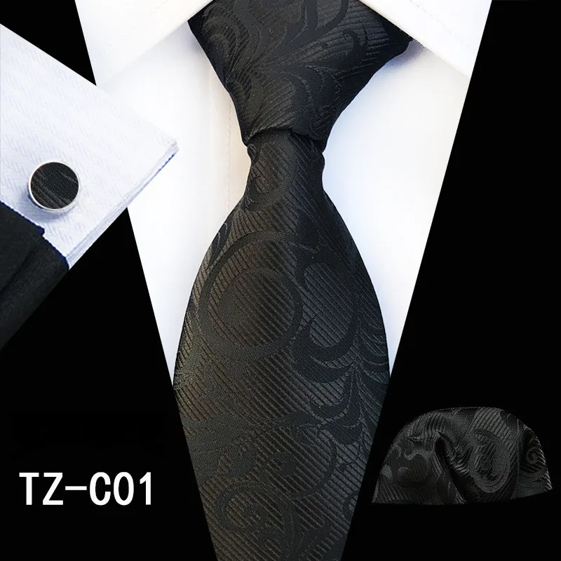 TZ-C01 Мужские галстуки, набор,, жаккардовые шелковые галстуки, карманные Квадратные запонки, модные цветочные полосатые пледы, галстуки для мужчин, 8 см, Corbatas, черные - Цвет: TZ-C01