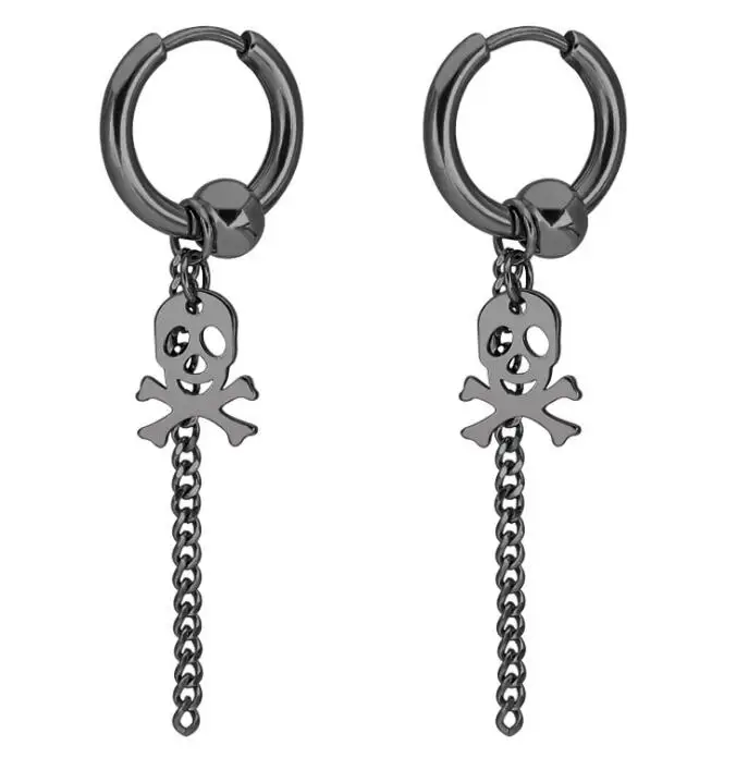 SaYao 2 Pieces Stainless Steel Hoop Earring Skull Cross Tassel Chain Ear Earrings Huggie Earring Jewelry Helix Tragus Boy Men