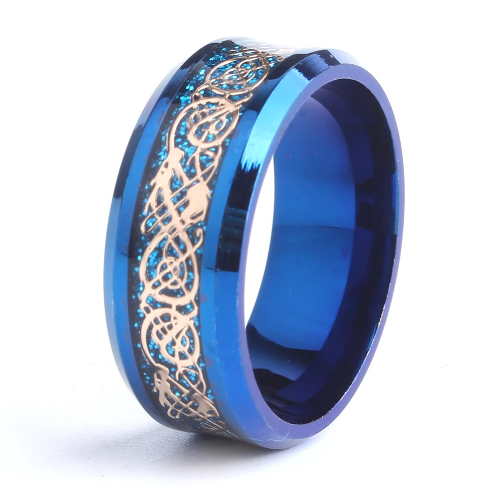 8 мм Синий углеродное волокно золотой дракон свадебные кольца для мужчин 316L из