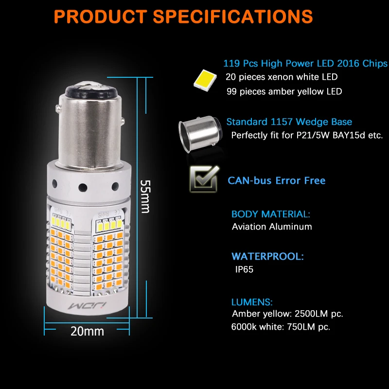 IJDM без Hyper Flash 21 Вт 1157 светодиодный Canbus P21/5 BAY15d переключатель Белый/янтарный