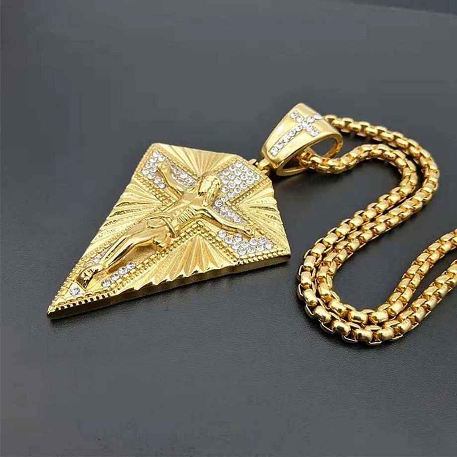 Ожерелье с подвеской в стиле хип-хоп Iced Out Bling Jesus Cross для мужчин золотистого цвета