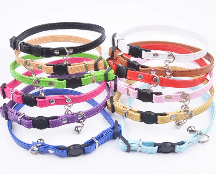 

USD 0.85/PC Cat Collar breakaway buckle safety buckle Solid Faux Leather Adjustable Pet Collars With Bell Cats Products 30pcs/lo