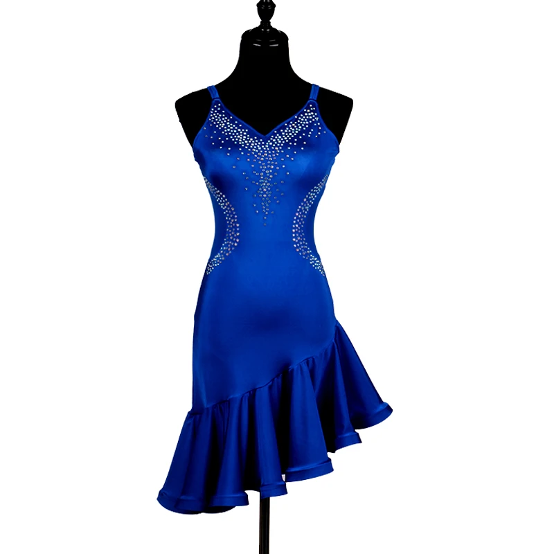 Slim Latin Dance Dress Blue Rhinestone Cha Cha Salsa Samba Rumba Competition Dress Women Tango Performance Dancing Wear DC2492