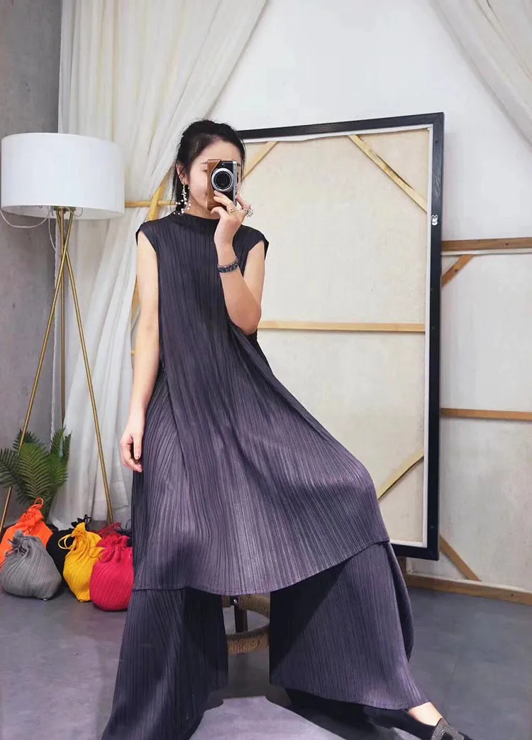 Changpleat весна лето новые женские комплекты Miyak плиссированные модные большие размеры водолазка сплошной большой эластичный женский костюм S900 - Цвет: Dark gray
