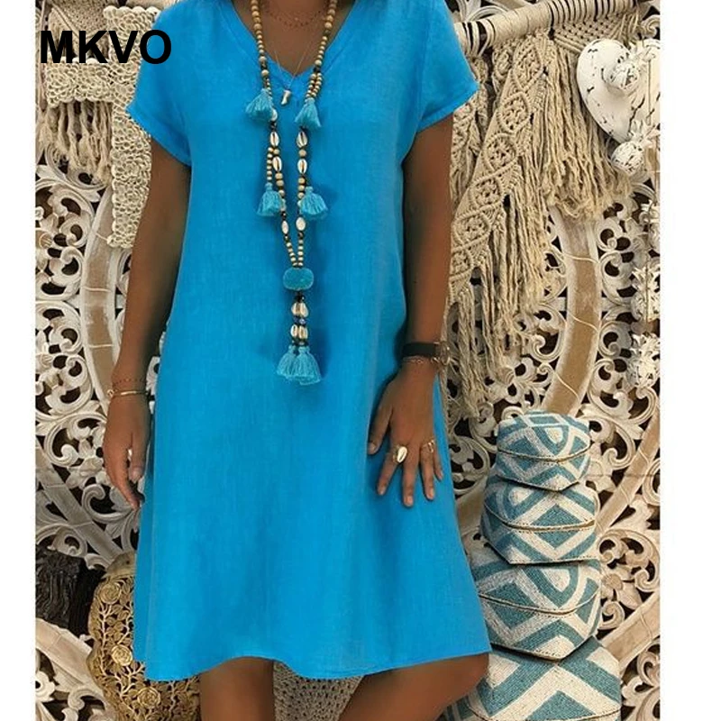 Женское летнее платье из хлопка и льна с v-образным вечерние вырезом коротким