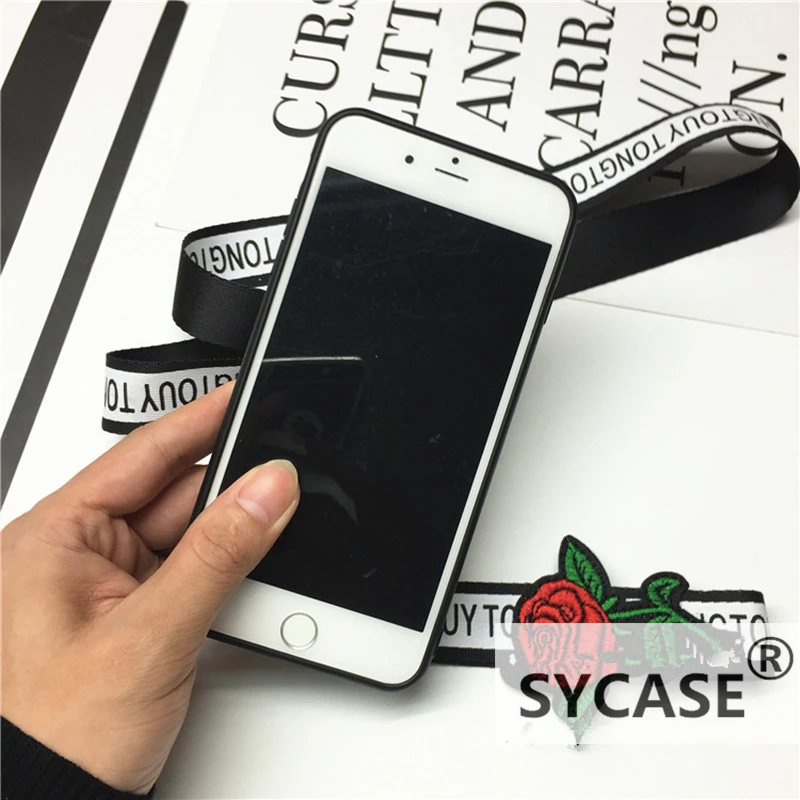 SYCASE For iPhone X XR XS Max 6 6S 7 8 Plus phone case Fashion long strap Lace Embroidery rose stickers protective cover |