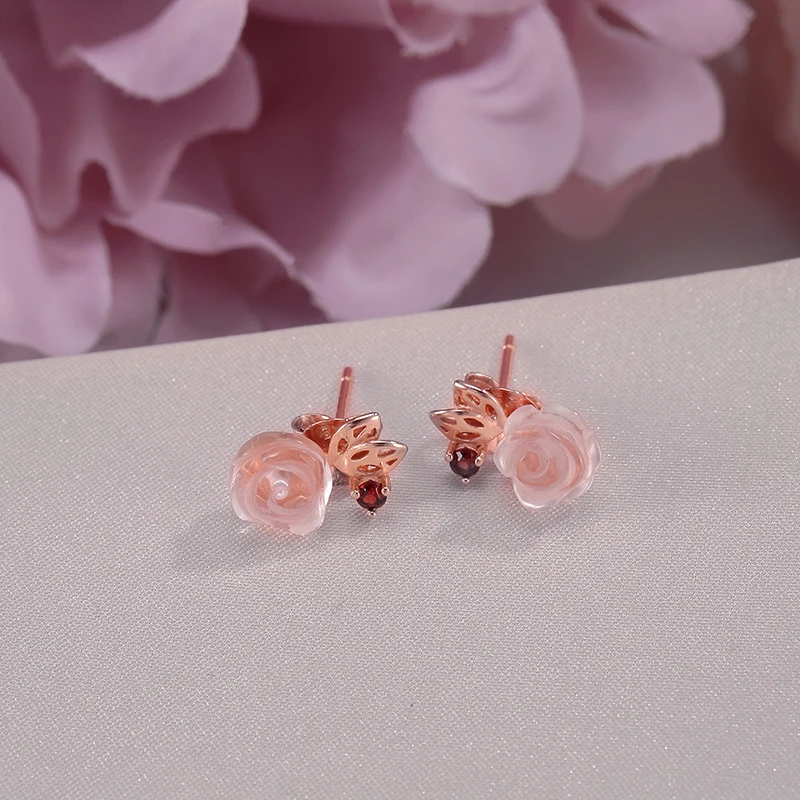 Fine Jewelry Stud Earrings Sterling Silver 925 Natural Pink Rose Quartz Gemstone For Women Flower Romantic Bijoux CCEI015 | Украшения и