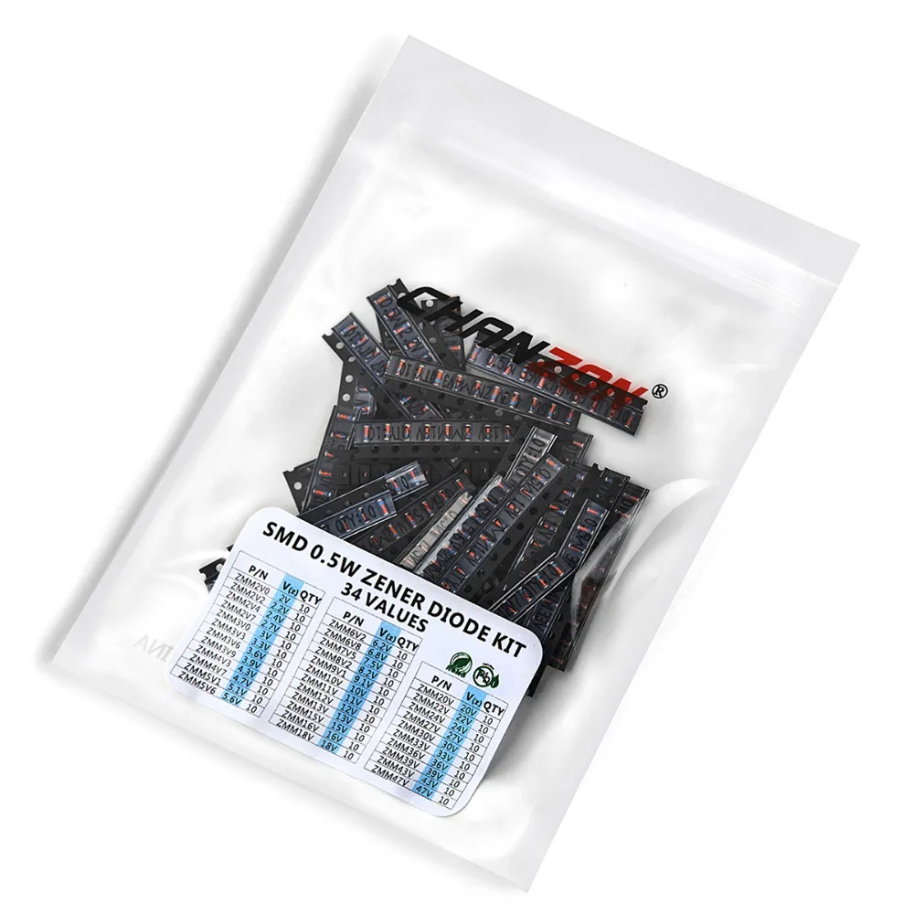 0,5 W SMD зенеровские набор сортированных диодов(2V 3В 3,3 V 3,6 V 5,1 V 5,6 V 7,5 V 10V 12V 13V 15V 16 18 20 22 24V 30 в 36 в 39 в 47 в