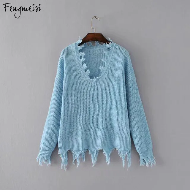 Fengmeisi knitted sweater women pullover female Casual loose V neck ripped tassel autumn pull femme knit jumper P2607 | Женская одежда