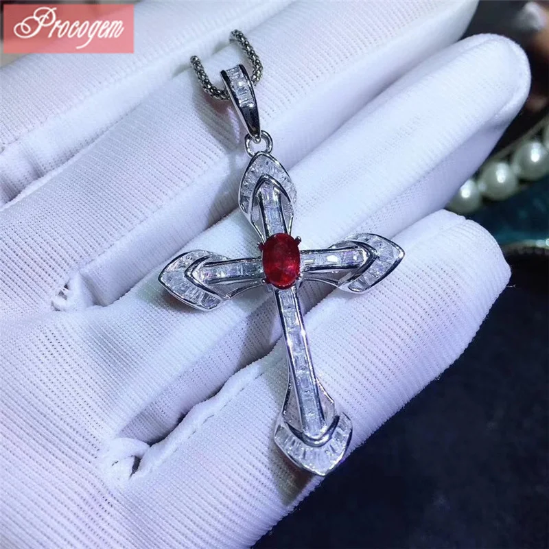 

Heated Ruby Cross Pendant Necklace for Women or Wen Party 925 Sterling Silver Real Red Gemstones fine Jewelry free shipping #173