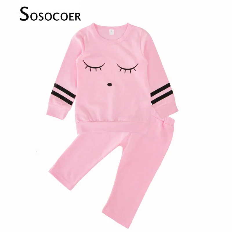 

SOSOCOER/милые комплекты одежды для маленьких девочек топы с рисунком ресниц, футболка + штаны, повседневный комплект одежды из 2 предметов для н...