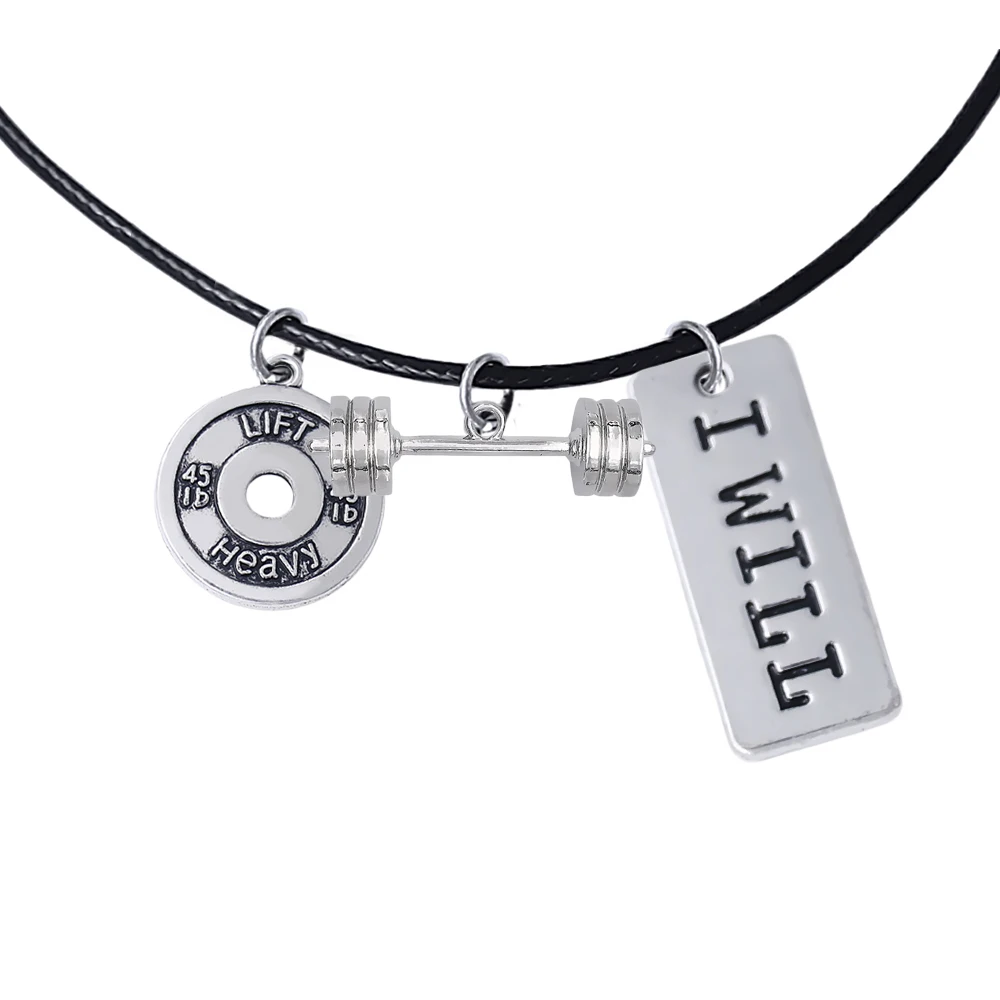 Popular Fitness Metal Barbell Combination Charm Leather Necklace Dream Inspirational Label Men and Women Gym Souvenir Necklaces | Украшения