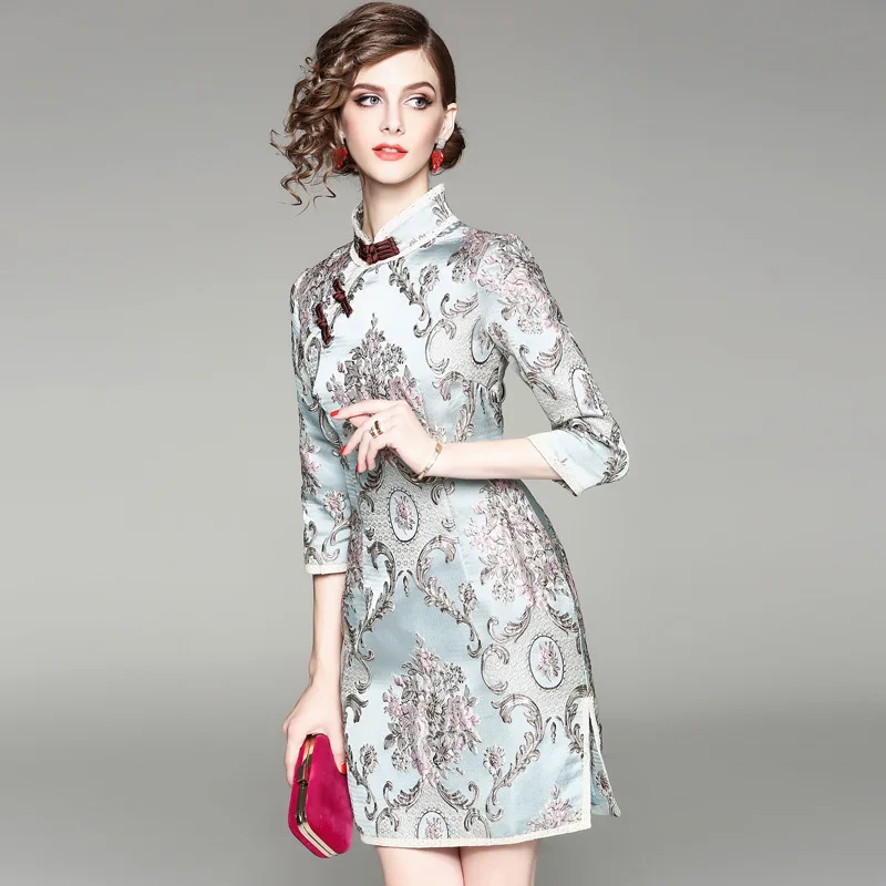 Cheongsam Весна 2018 новый тонкий ежедневно хлопка толстые жаккард Платье чонсам |