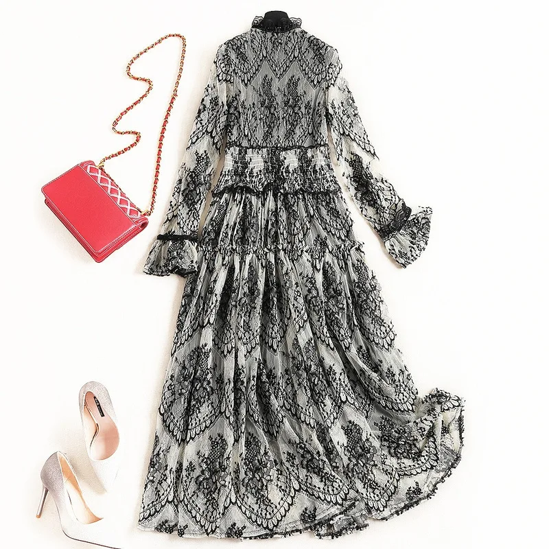 Women gothic style floral lace long dress ruffles sand collar flare sleeve high waist hollow out dresses new 2019 spring | Женская