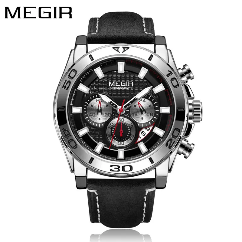 ME209403 Мужские часы MEGIR с хронографом, топ класса люкс, брендовые кварцевые мужские часы с кожаным ремешком, военные армейские спортивные часы с датой, Подарочная коробка 2094 - Цвет: ME209403
