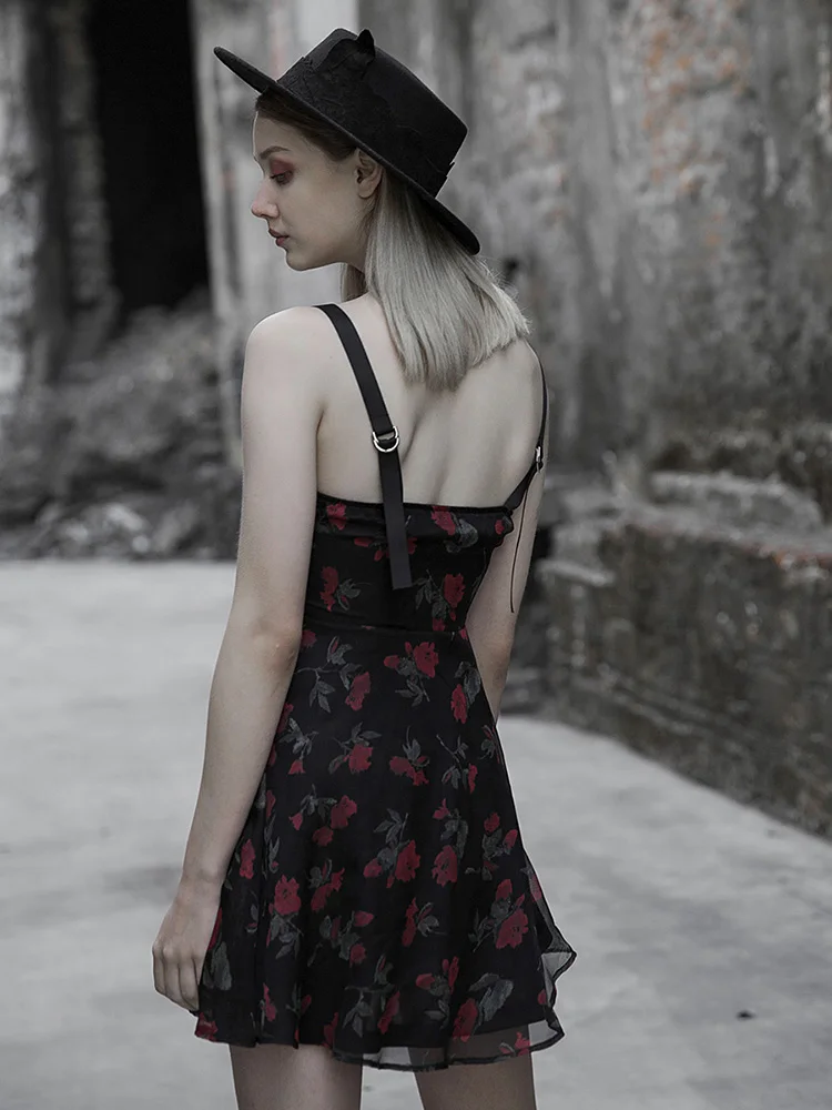 PUNK RAVE Women Punk Summer Dress Fashion Casual Flower Chiffon Mesh Spliced Girl Gothic Party | Женская одежда
