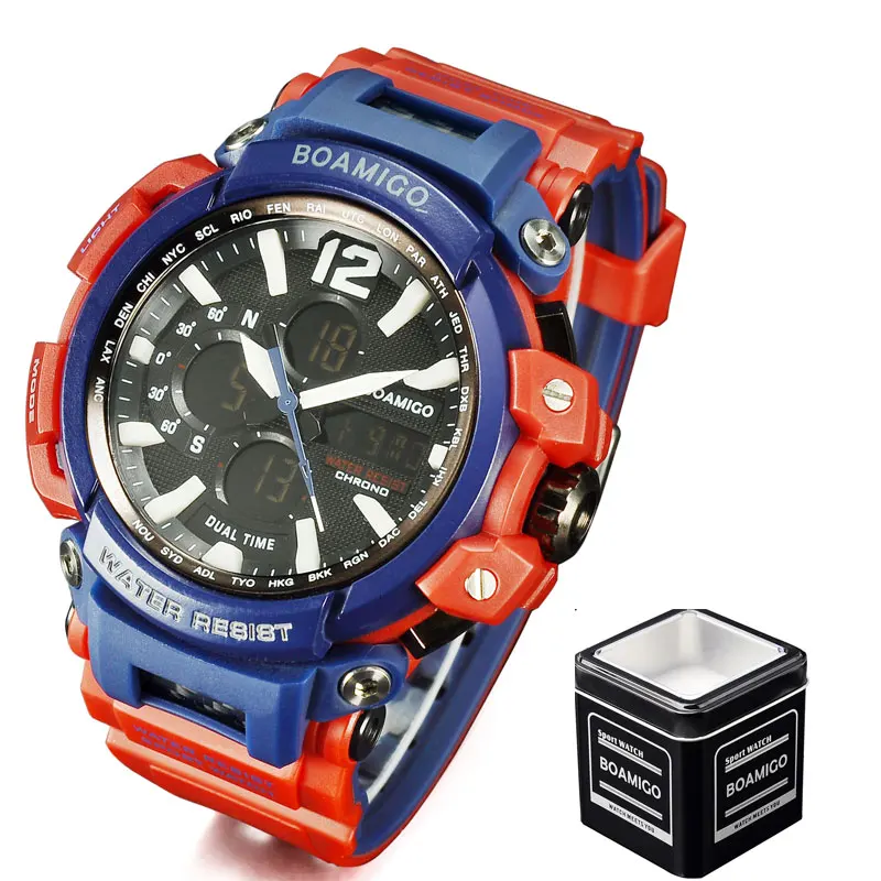 red blue box Бренд BOAMIGO, мужские спортивные цифровые аналоговые часы, мужские светодиодный часы с двойным временем, водонепроницаемые ударные наручные часы, мужские часы - Цвет: red blue box