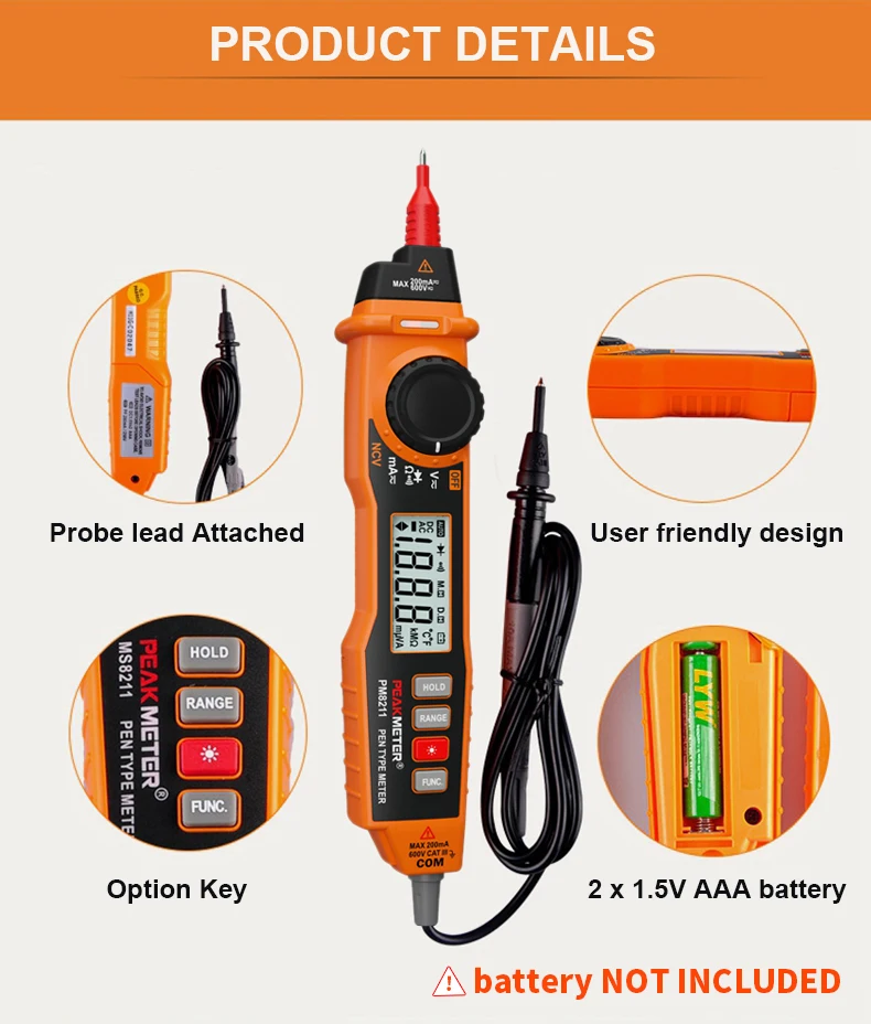 NCV цифровой мультиметр, Peakmeter PM8211 2000 отсчетов Ручка Тип lcd DC/AC напряжение Мегаомметр Амперметр мультитестер