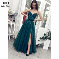 green beaded prom dresses with appliques evening gown spaghetti straps slit tulle prom dress for women custom made